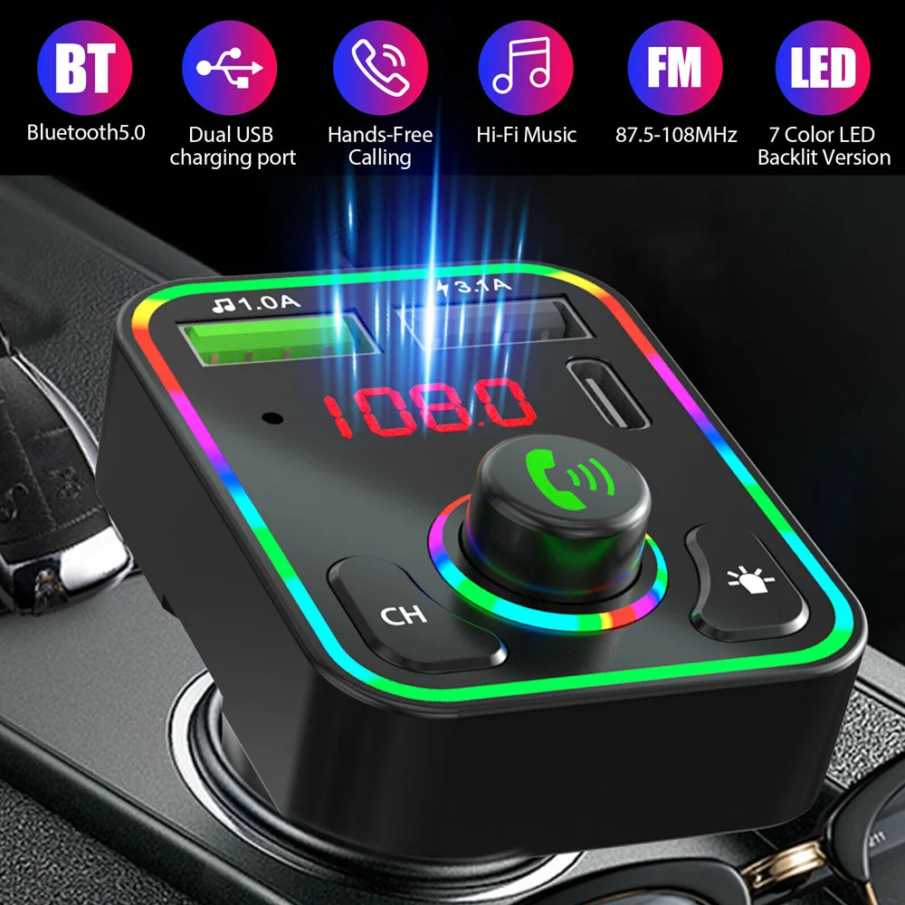 

2022 Ambient Light Bluetooth 5.0 FM Transmitter Car MP3 Player Wireless Handsfree Audio Receiver USB Fast Charge TF U Disk play