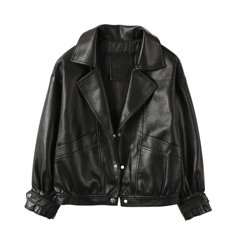 Leather Coat Women's Spring  Autumn 2022 Korean Fashion Lapel Lantern Sleeve Loose Motorcycle Jacket Pu Leather Jacket Short Top