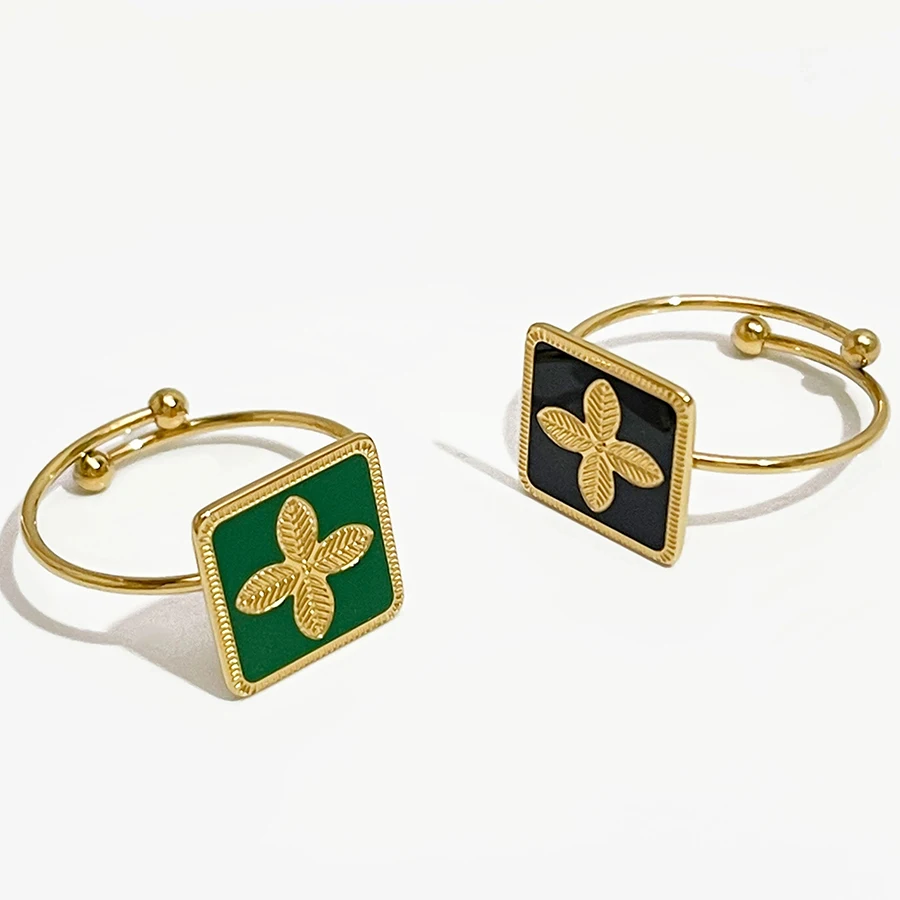 

Peri'sbox French Jewelry Stainless Steel Gold Pvd Plated Black Green Enamel Square Flower Adjustable Ring Women Anillos Mujer