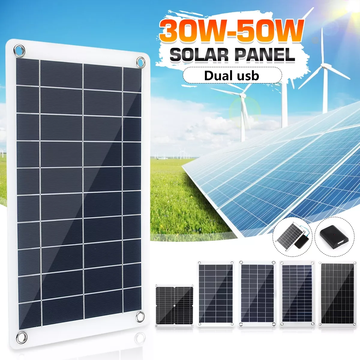 

30W 50W 5V 12V 18V Solar Panel Dual USB Output Solar Cells Poly Solar Panel Portable Crocodile Clips Car Charger Solar Cells