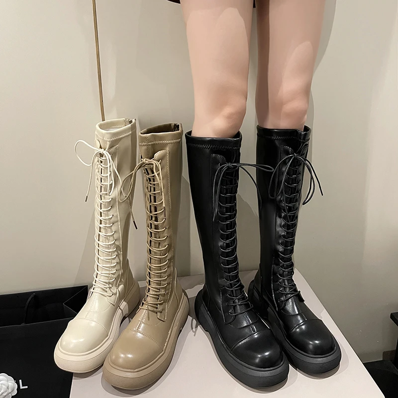 

Fashion Punk Women Motorcycle Boots Platform Female Stretch Leather Lace Up Ladies Girls Black Beige Long Knee High Booties