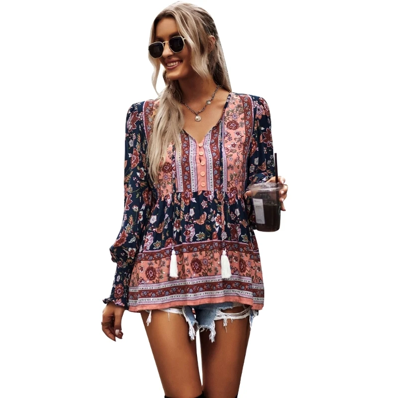 

Women Fall Casual Puff Long Sleeve Shirts V-Neck Drawstring Pullover Peplum Top Vintage Bohemian Floral Loose Blouse
