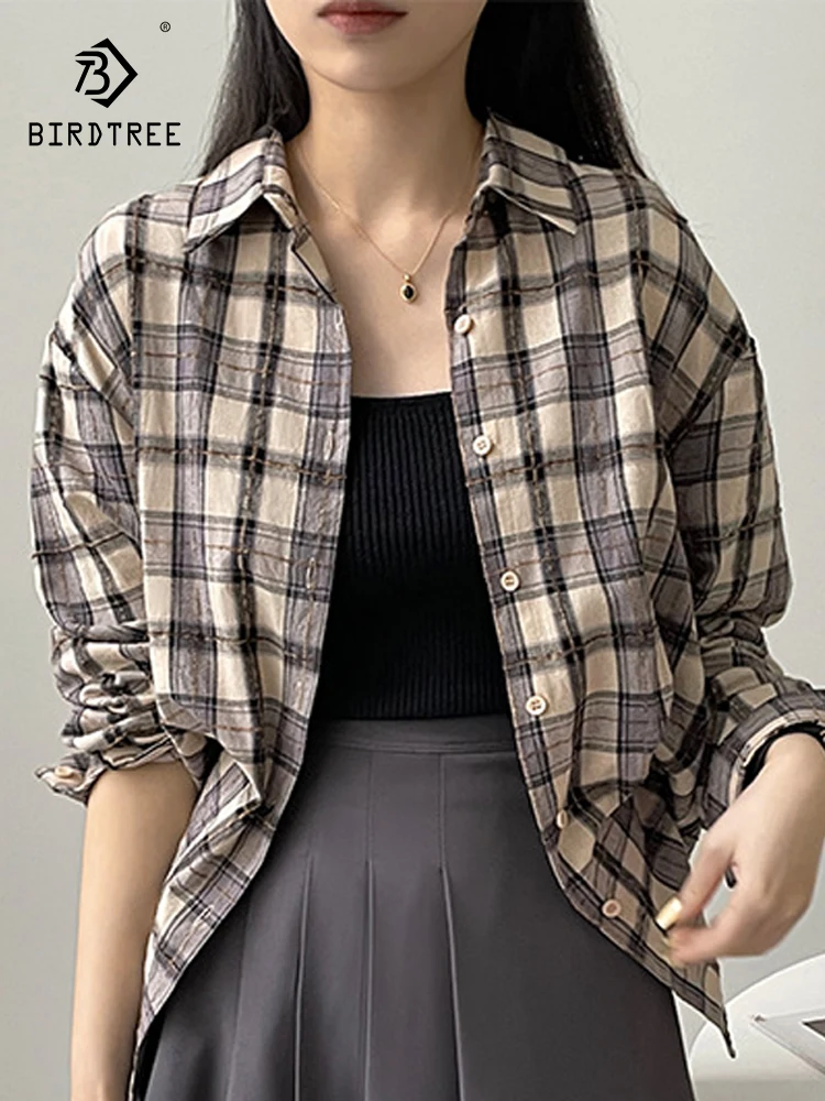 

Новая Осенняя хлопковая клетчатая рубашка в стиле ретро, Женский Топ с отложным воротником, свободные универсальные блузки с длинными рукавами для девочек, весенний стиль, T397109QC