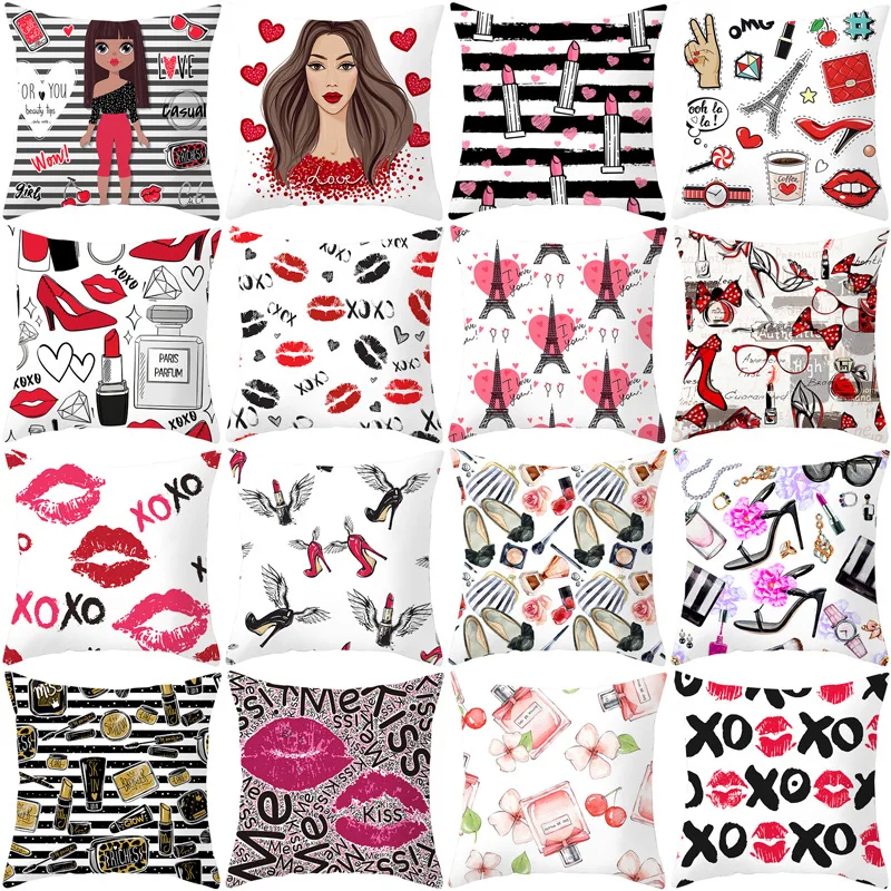 

Valentine's Day Lips Print Pillowcase 45x45cm Polyester Girls Letter Home Textile Car Cushions for Sofa Decorative Pillow Cover