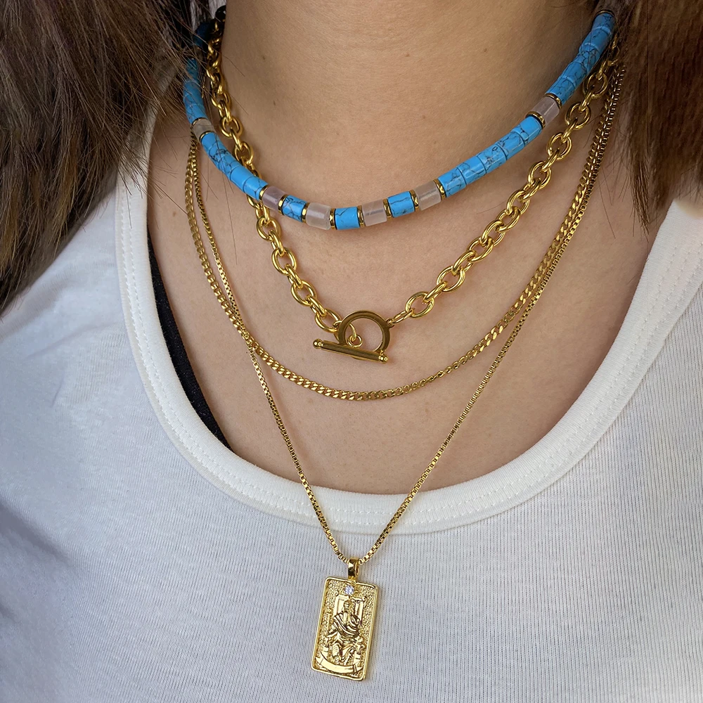 Ожерелье-цепочка Tarot из нержавеющей стали для женщин, многослойный медный амулет-подвеска от солнца в стиле бохо и панк