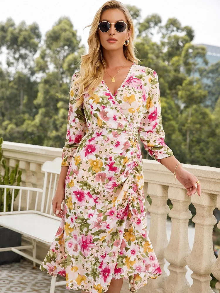 

Women Dresses Floral Print V Neck Side Slit Party Dress Spring Autumn Long Sleeve Elegant Sexy Elastic Waist Slim Dress Vestidos