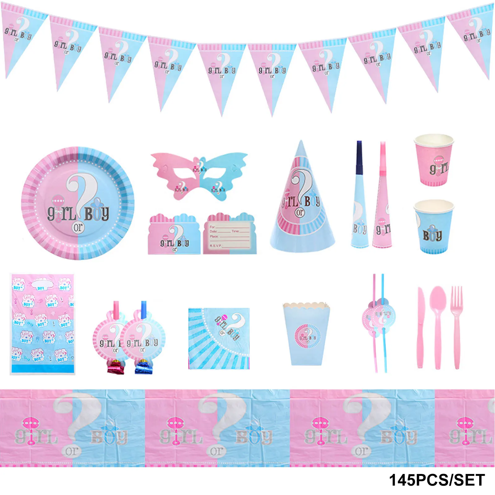 

145pcs/set Straws Napkins Boy Or Girl Gender Reveal Party Decoration Tablecloth Gift Bag Banner Plates Cups Invitation Card Home