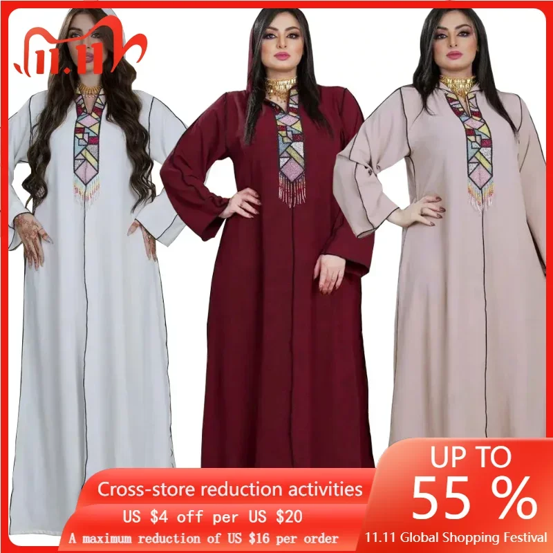 

Рамадан с капюшоном Abaya Длинные платья модные мусульманские драпировки Jalabiya свободные арабские Дубаи марокканские кафтан для женщин