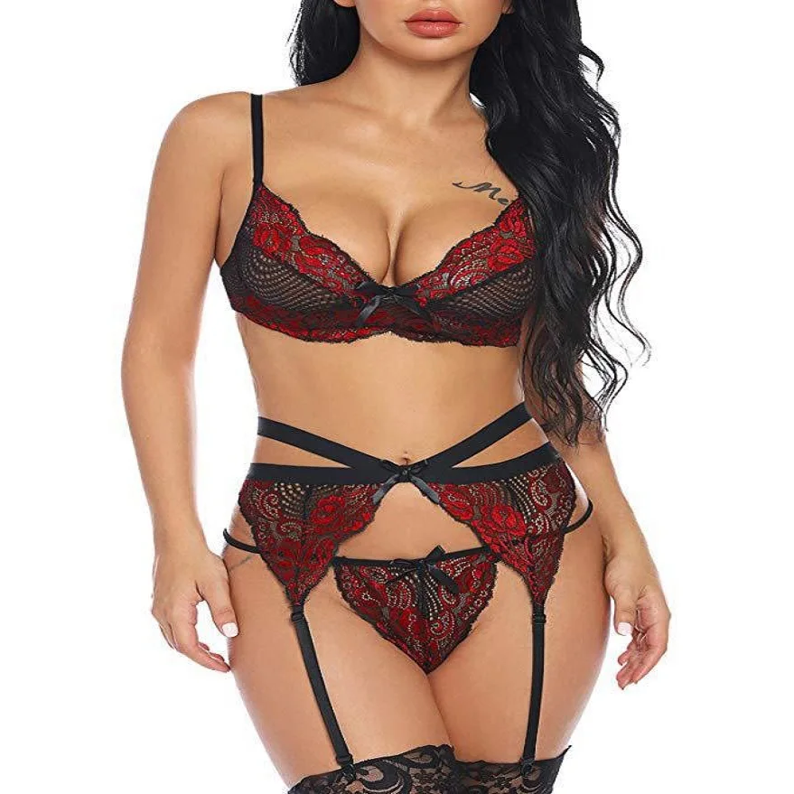 

Adult Erotic Lingerie Hollow Lace Two-Color Sexy Provocative Ultra-Thin Ribbon Women'S Three-Piece Suit Multiple Sizes