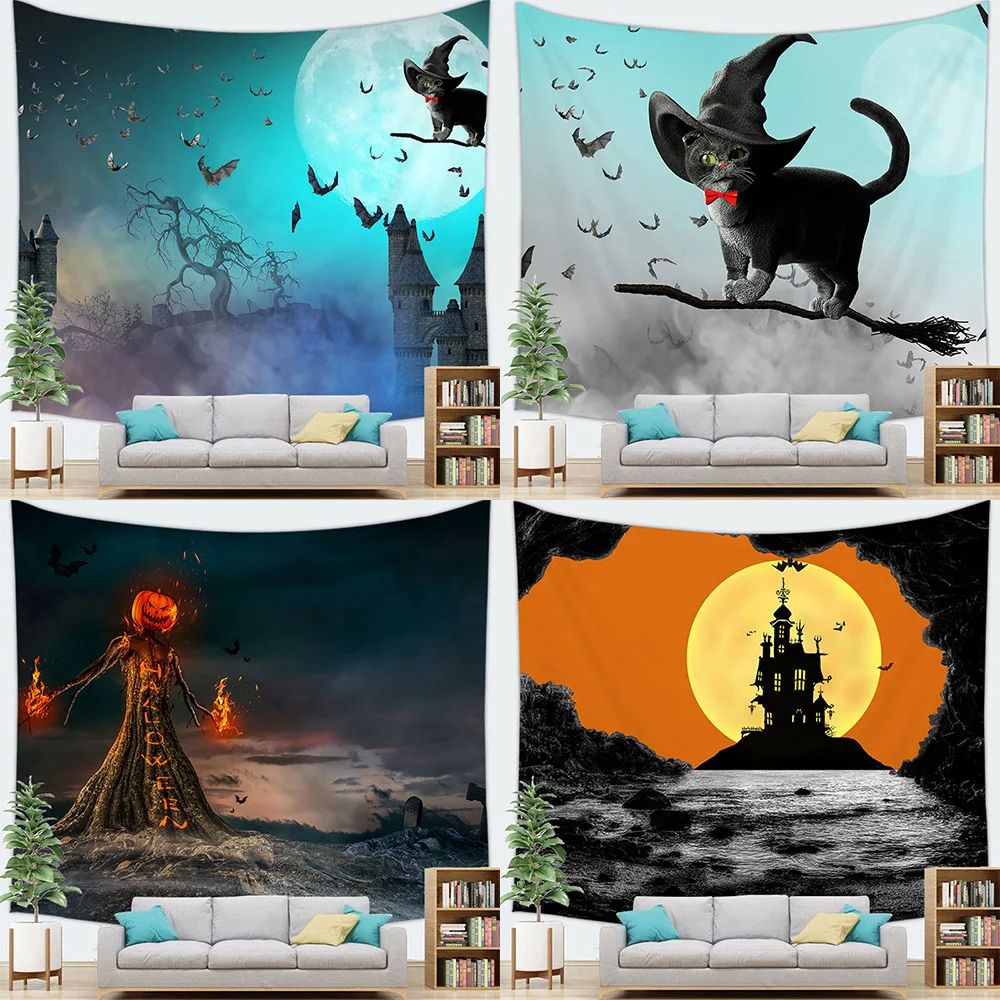 

Домашний декор, настенный гобелен на Хэллоуин, искусственный дьявол, тыква, Череп, Черный кот, украшение, гобелен, ткань для фона