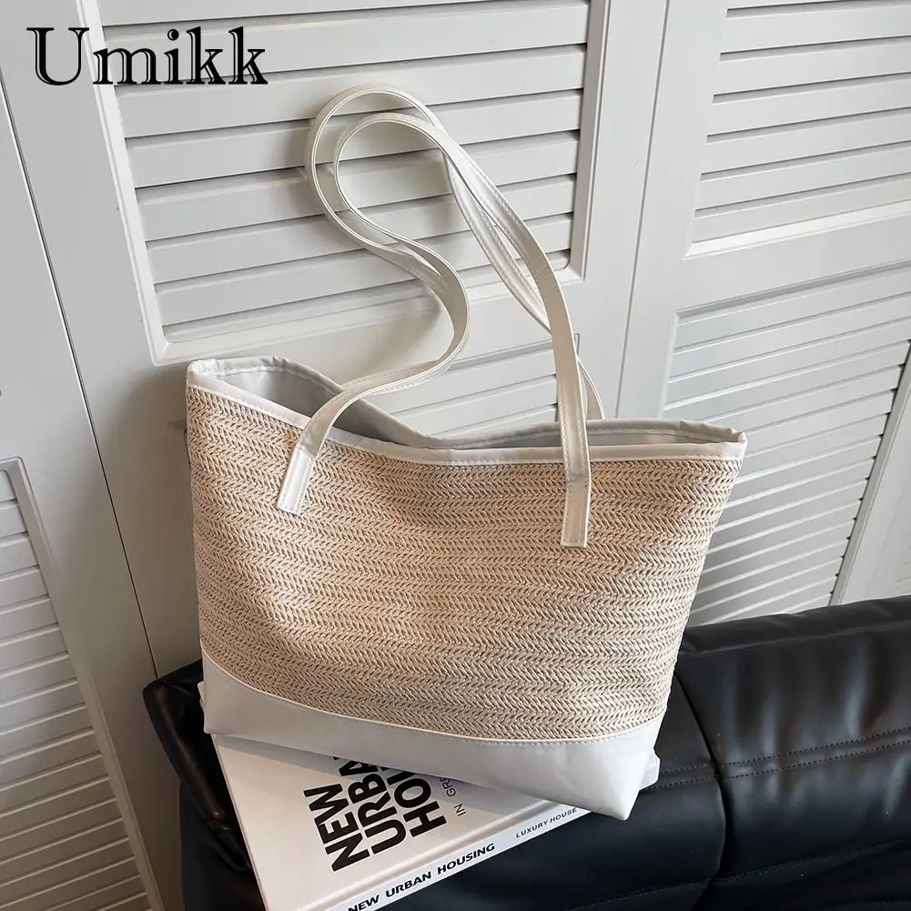 

Large Capacity Woven Handbag Women Straw Handmade Fashion Leather Splicing Leisure Shoulder Bag for Travel Outdoor Shopping Tote