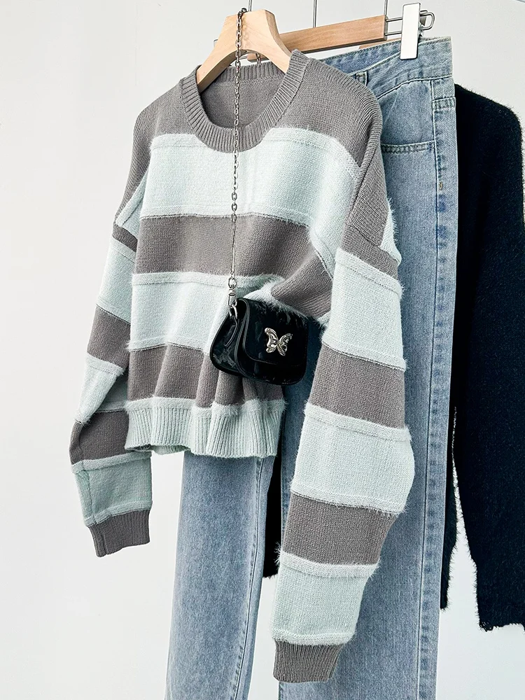 Inzevuka/Повседневный вязаный свитер в серую полоску женский осенне-зимний новый