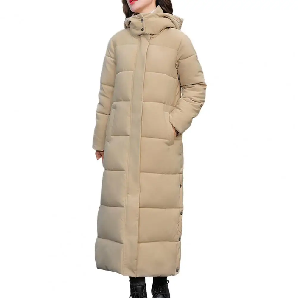 Stand Collar Long Sleeves Ribbed Cuffs Side Split Hem Zipper Placket Down Jacket Women Winter Hooded Long Type Thickened Overcoa