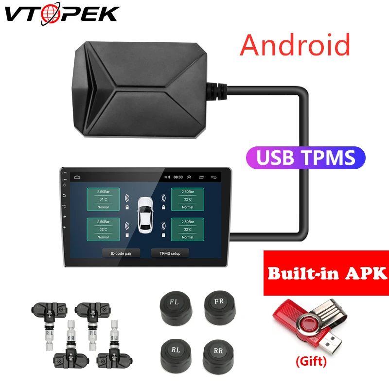 Система контроля давления в шинах TPMS с USB Android дисплей система