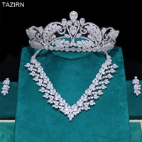 bride wedding jewelry sets luxury zircon necklace earrings and cz tiara queen crown set 3pcs for women party jewelry accessories