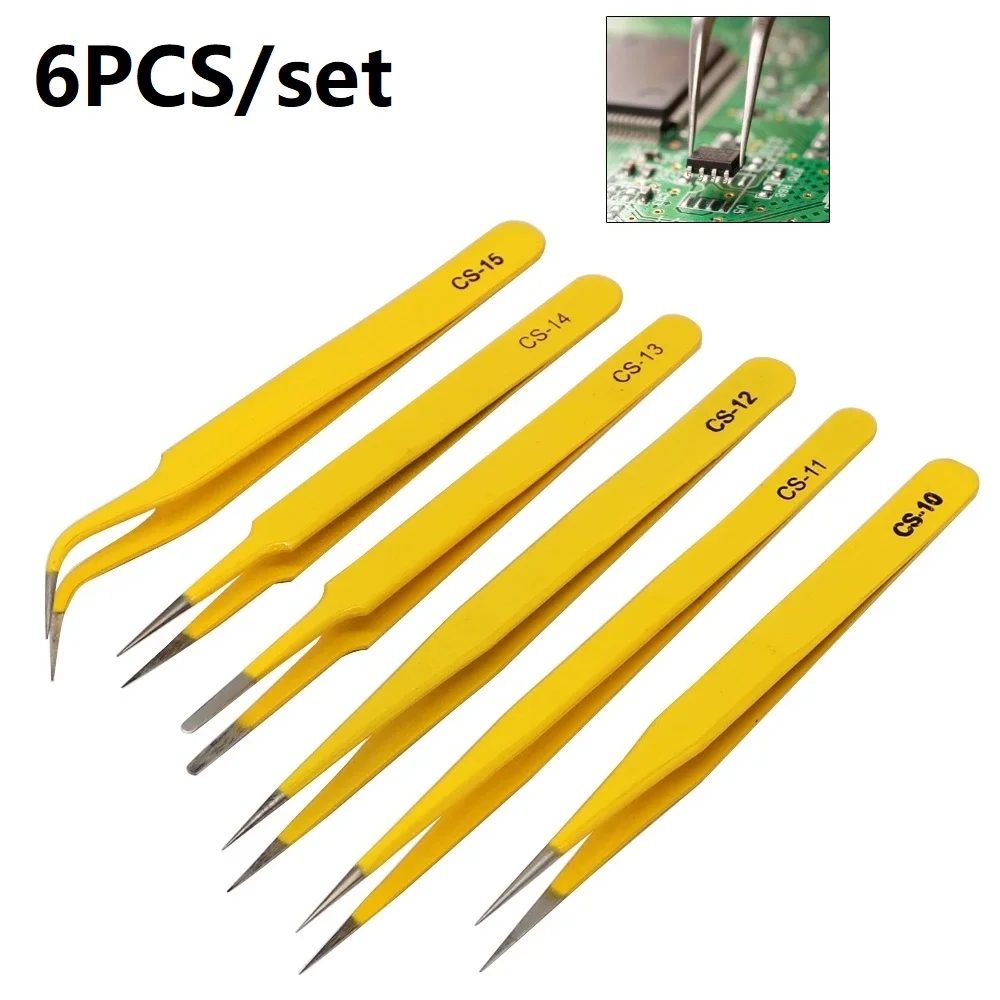 

6Pcs Tweezers Stainless Steel Industrial Anti-Static Accurate Sharp Curved Straight Tip Forceps For Watch Electronics Repair
