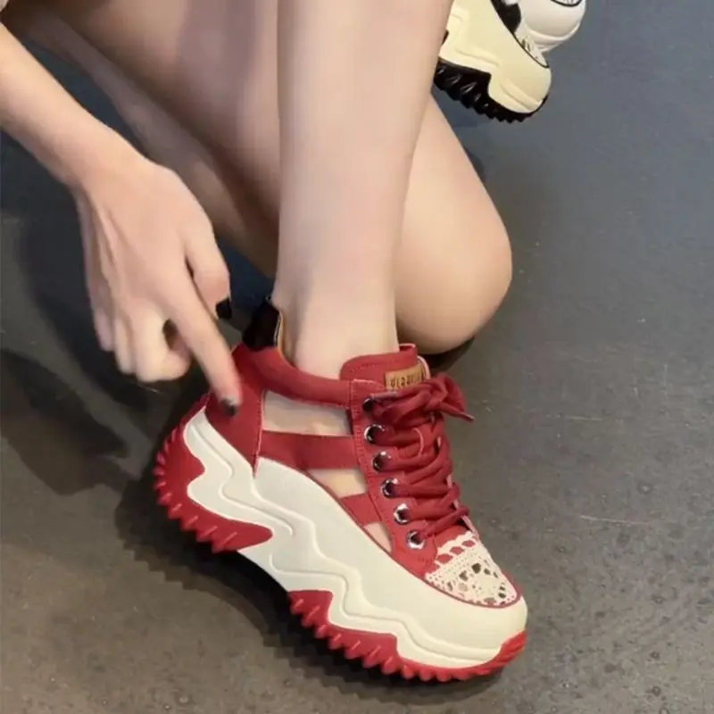Authentic Leather Clunky Sneakers Women's 2023 New Summer Hot Hollow-out Platform Height Increasing Insole Casual