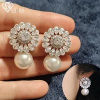 lxoen exquisite flower women pearl earrings bling shining aaa zircon cz stud earring wedding jewelry