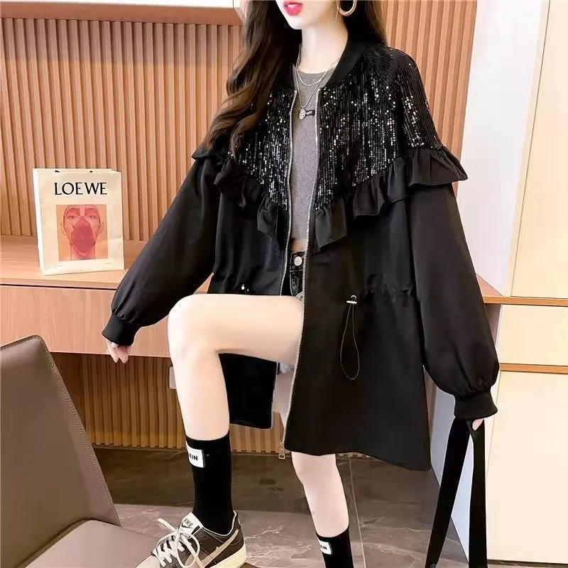 

Fashion Sequin Stitching Trench Coat Women Autumn Long Sleeve Loose Zipper Fried Street Drawstring Waist Female Outerwear
