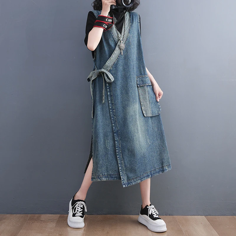 

SuperAen Vintage Diagonal Placket Lace Retro Washed Denim Dress Women's V-neck Pocket Side Split Vest Dress