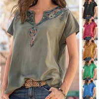 spring and summer brand womens loose western ethnic wind shawl v neck t shirt comfortable short sleeve