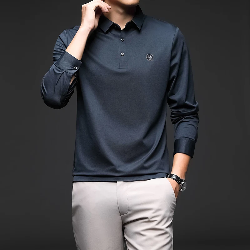 

Футболка с отложным воротником и длинными рукавами Мужская Высококачественная деловая Повседневная рубашка-поло тонкая футболка для молодых и средних лет на весну и осень