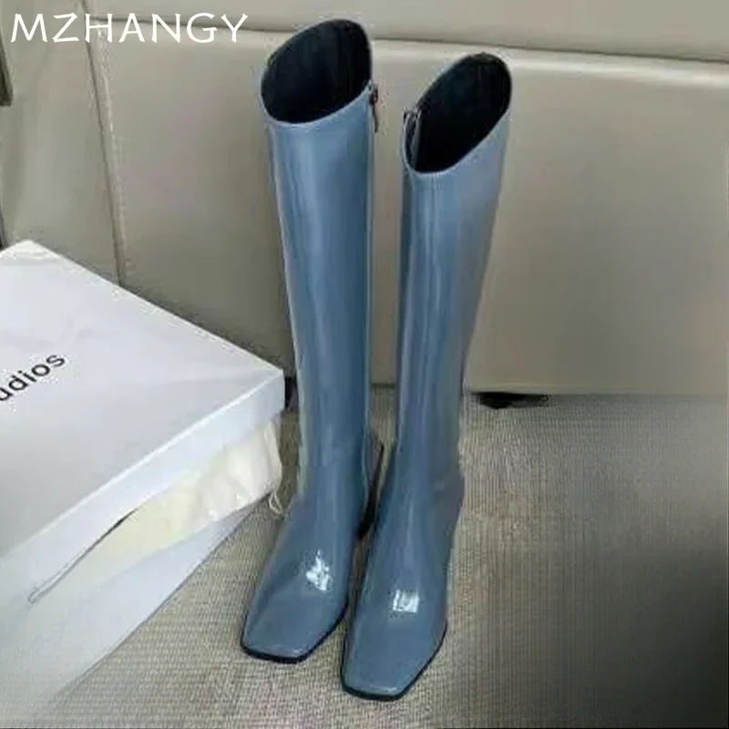 Женские высокие сапоги на высоком каблуке кожаные туфли массивном с квадратным