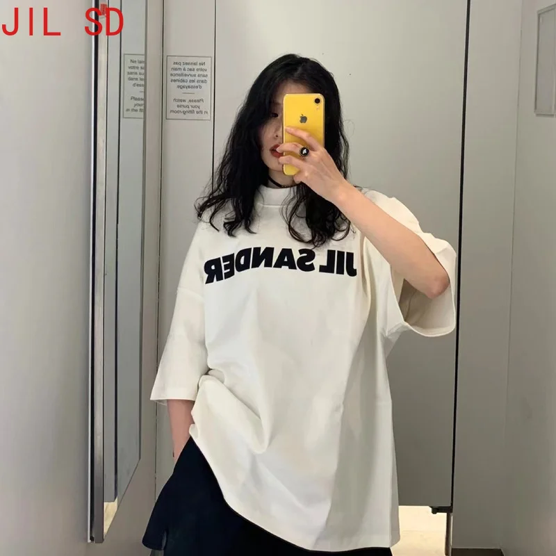 

JIL SANDER 22SS New Classic Letter Logo T-shirt Women Oversize Loose Short-sleeved Top Tee Unisex 300g Cotton Casual T Shirt