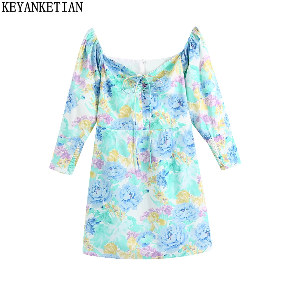 

KEYANKETIAN ZA Ladies Apron Bow Lace Dress Summer Fashion Ladies High Street Sweet Dresses Women Floral Print Poplin Dresses