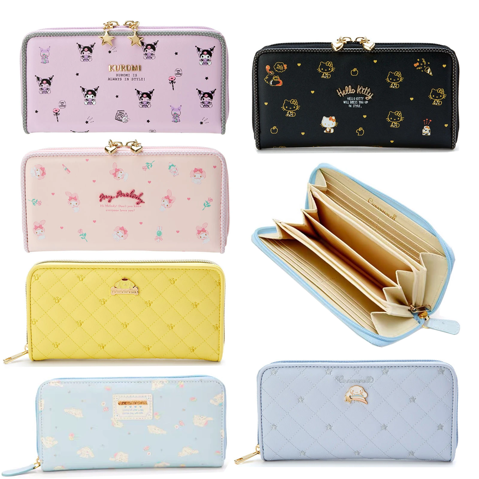 Sanrios Kuromi Mymelody Cinnamoroll Kawaii Cartoon PU Long Women's Wallet Anime Card Holder Clutch Bag Coin Purse Party Gifts