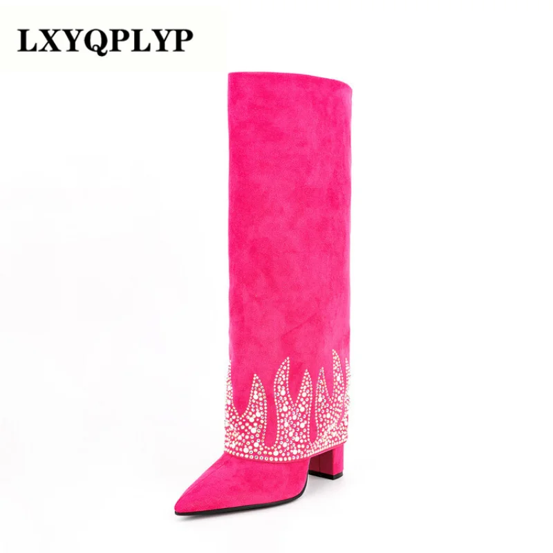 Women's Four Seasons New Elegant Fashion Flame Hot Drill Solid Color Knee Length Sleeve Boots European and American Show Shoes