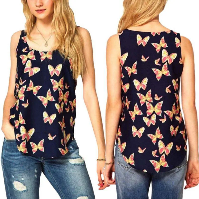 

Women Sleeveless Butterfly Print Tank Top T-Shirt Plus Size
