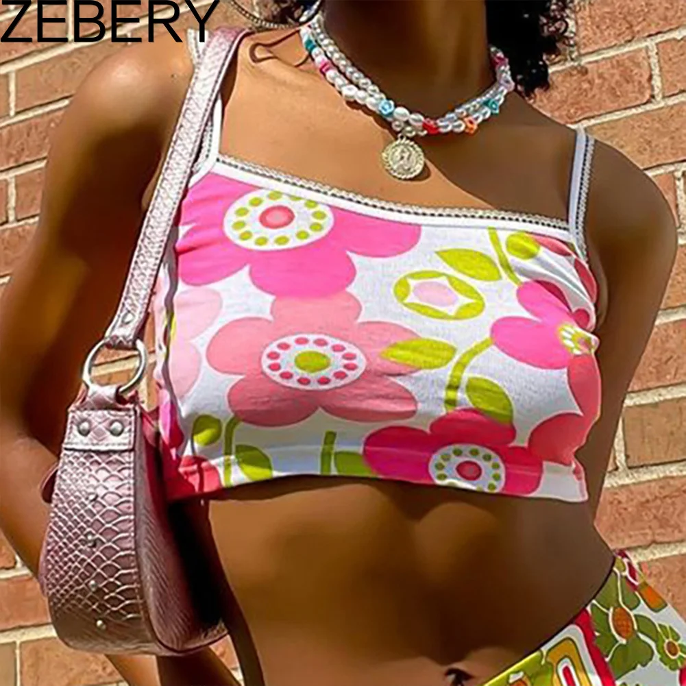 

Женский летний топ без рукавов ZEBERY Y2K, повседневный укороченный топ с цветочным принтом, Модный милый женский топ на завязках