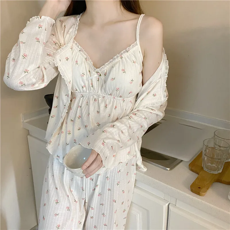 Pajama Three Piece Set Print Camisole Cardigan with Chest Pad Trousers Homewear Women's Spring Summer Mori Girl Style