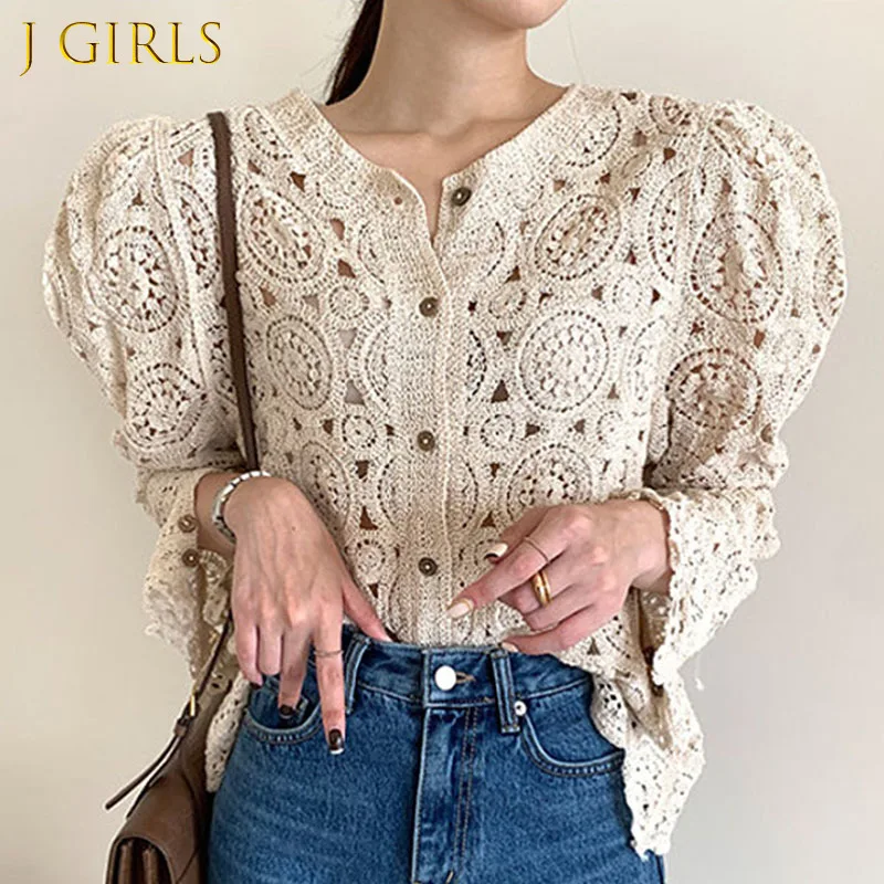 

J GIRLS Vintage Round Neck Cardigans Women Spring Hollow Out Lace Hook Flower Puff Sleeve Tops Spring Korean Fashion Clothing