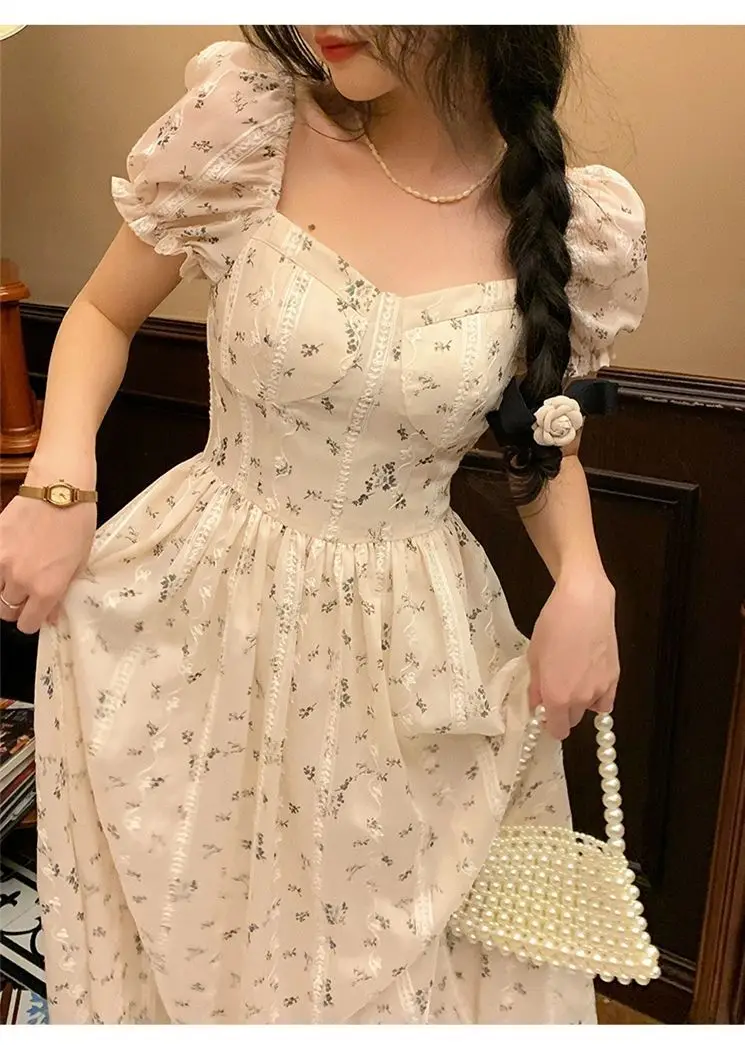 

COOLFEL Spring Women Elegant Dress Vintage Floral Princess Party Dresses Puff Sleeve Square Collar One Piece Dress Korean
