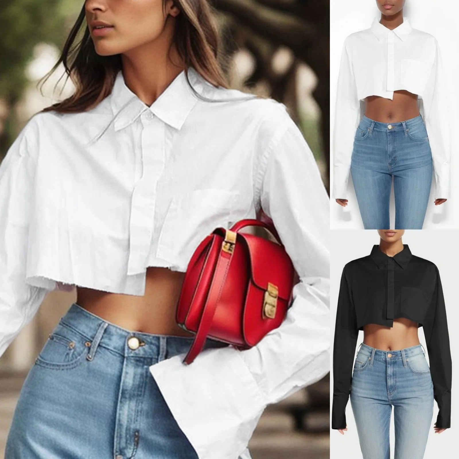 

Fashion White Crop Tops 2023 Blouses Women Elegant Flare Sleeve Asymmetry Black Shirts Blouses Streetwear Sexy Top Spring