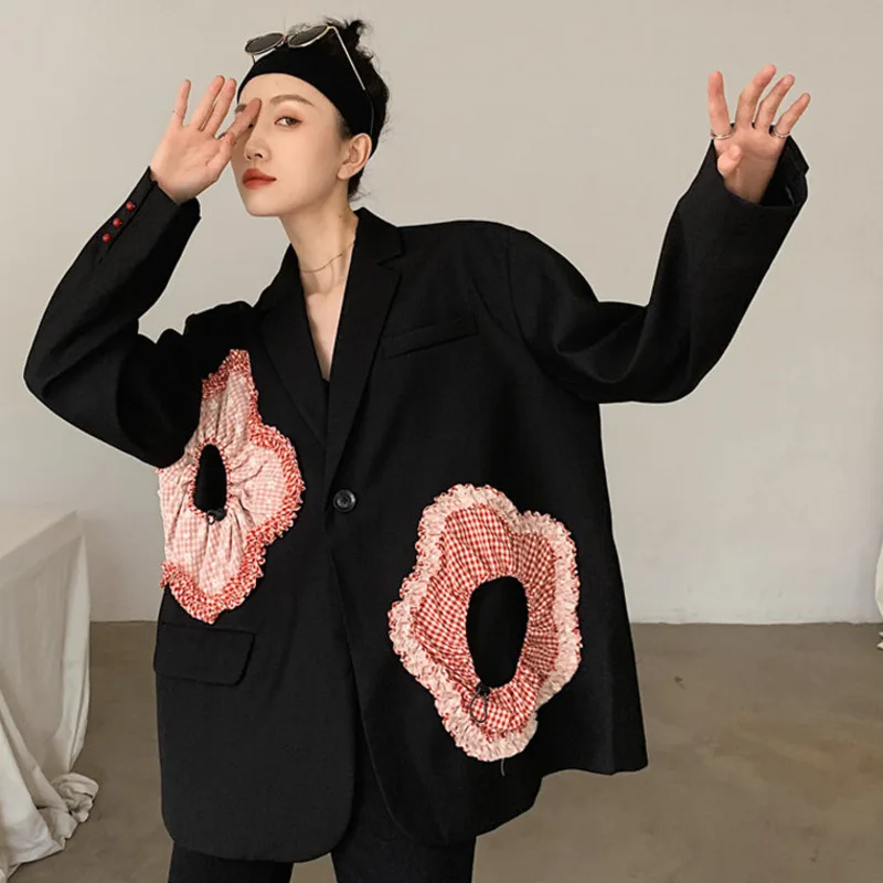 2023 New Autumn Winter Turn-down Collar Loose Patchwork Long-sleeved Solid Blazer Coat Female Black Floral Minimalist Suit Top