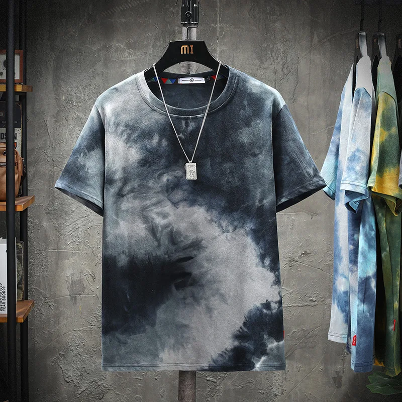 M-5XL 2022 Summer Casual Short-sleeved T-shirt Mens Retro Large Size Personality Tie-dye Hit Color Loose Casual Top Men