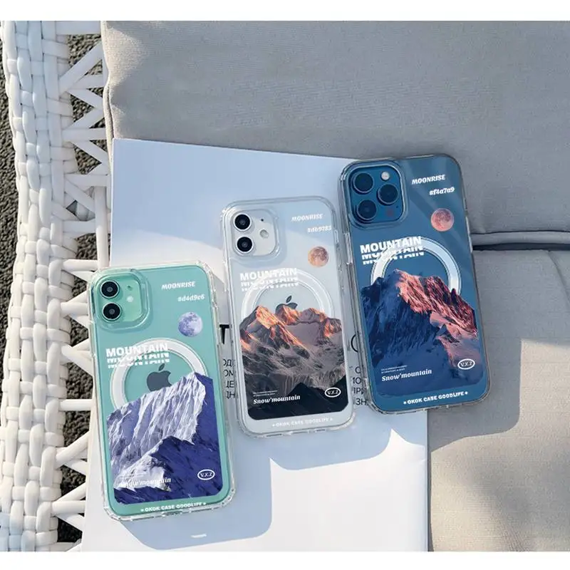 

mountains and moon Phone Case For iPhone 13 12 11 Mini Pro Max transparent Super Magnetic MagSafe Cover