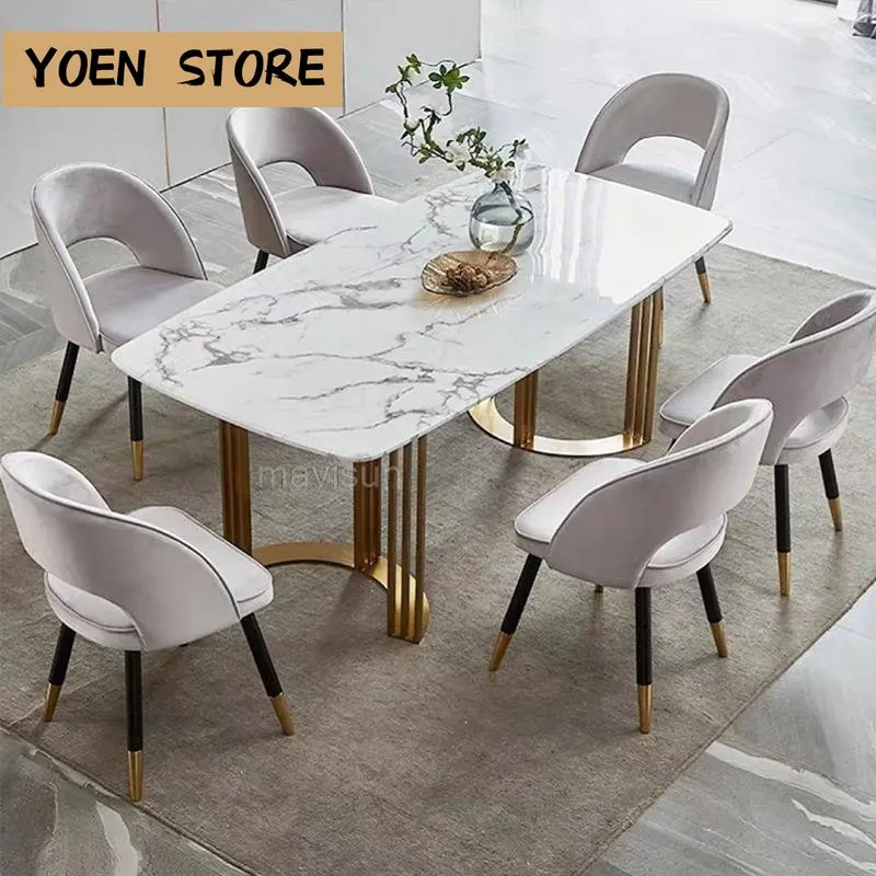 

Luxury Gloden Marble Table Stone Top Breakfast For Dining Table Stainless Steel Rectangular muebles de cocina furniture GY50CZ