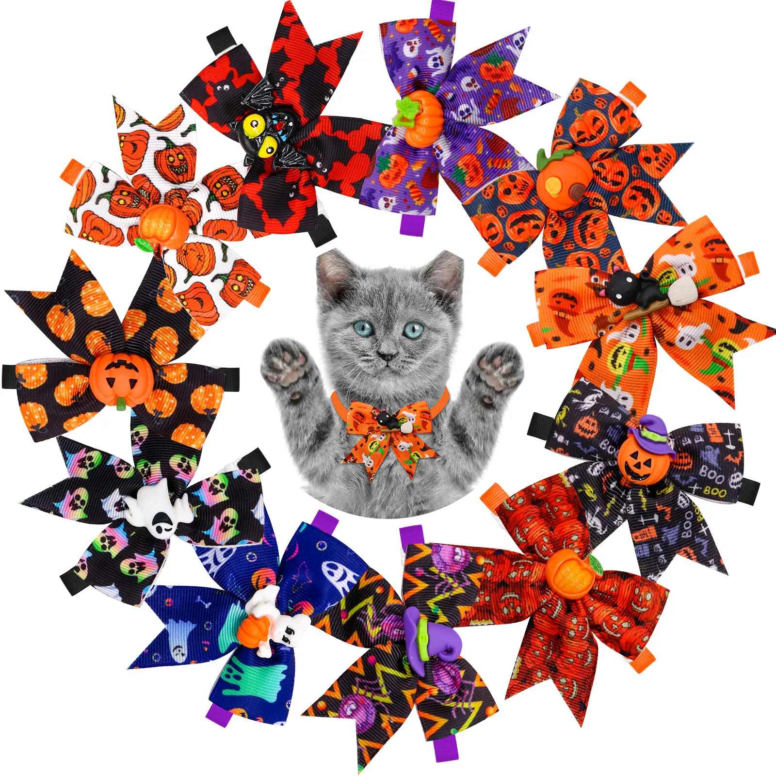

10PCS Halloween Dog Bowties Accessories Adjustable Dog Collar Bat Pumpkin Neckties Puppy Dog Collar Bows Pet Holiday Supplies