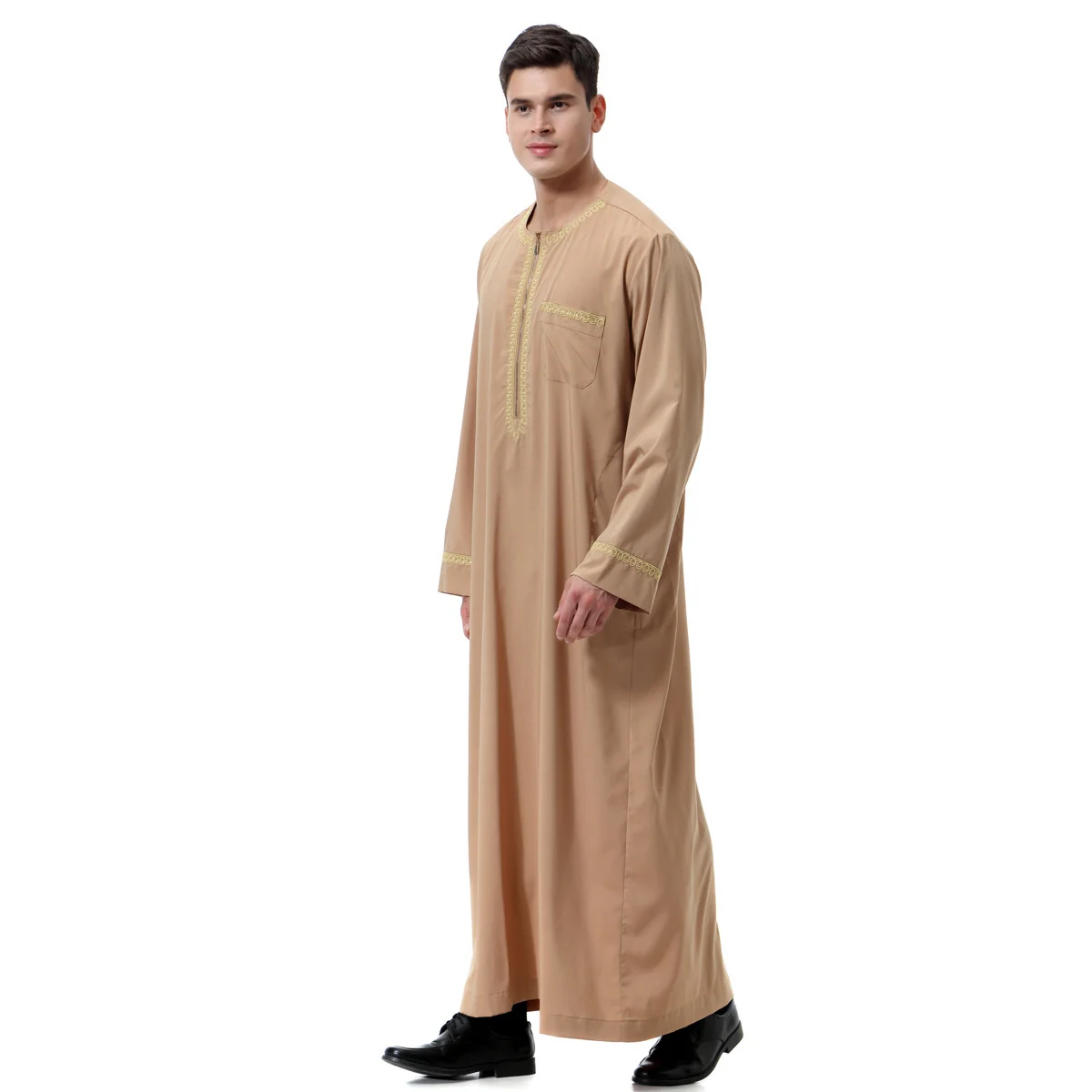 Men's Printed Zip Round Neck Gown Muslim Robe Long Sleeve Solid Color Casual Fashion Pakistan Saudi Arabia Men's Middle East