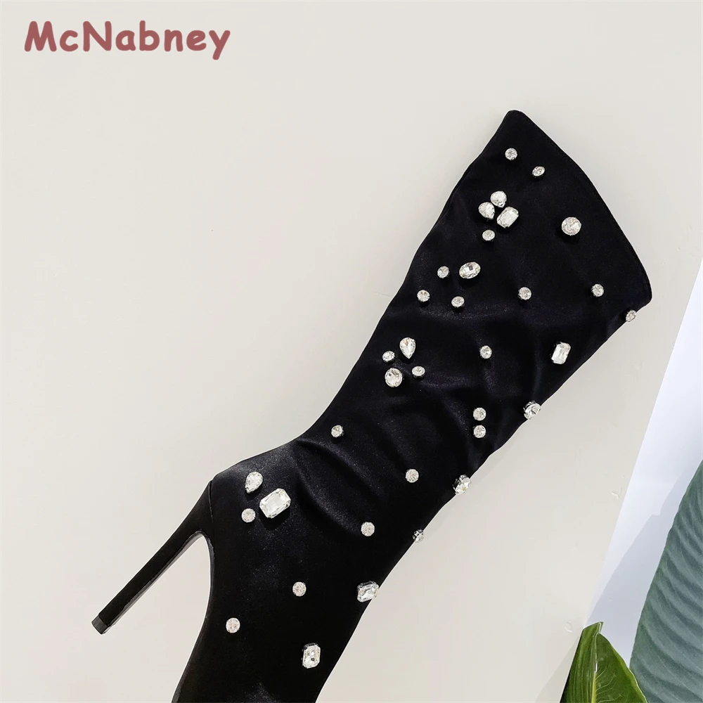Winter Boots Pointed Toe Nightclub Zipper Stiletto High Heels Long Boots Black Gold Knee High Boots Rhinestones Fashion Shoes