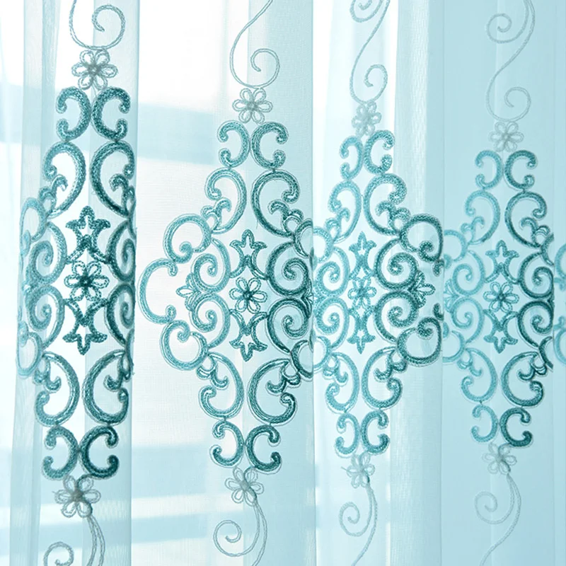 

European Blue Embroidered Tulle Curtains for Living Room Bedroom Sheer Voile Kitchen Curtains Window Treatments Blinds