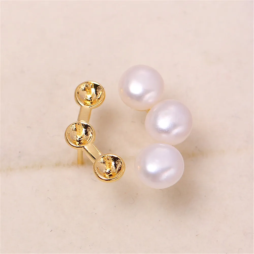 

DIY Pearl Jewelry Accessories Copper Gold-plated Three Pearl Earrings Empty Support S925 Silver Needle Simple Temperament Female