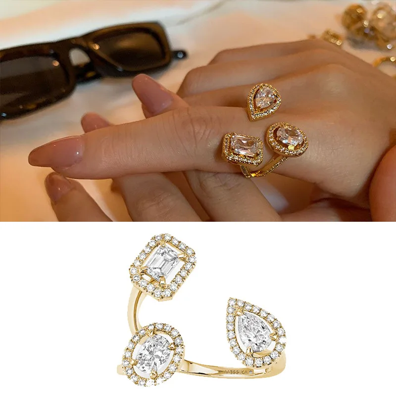 

Creative Geometric Water Drop Zircon Open Adjustable Ring Micro Paved Rhinestone Zircon for Women Wedding Party Jewelry