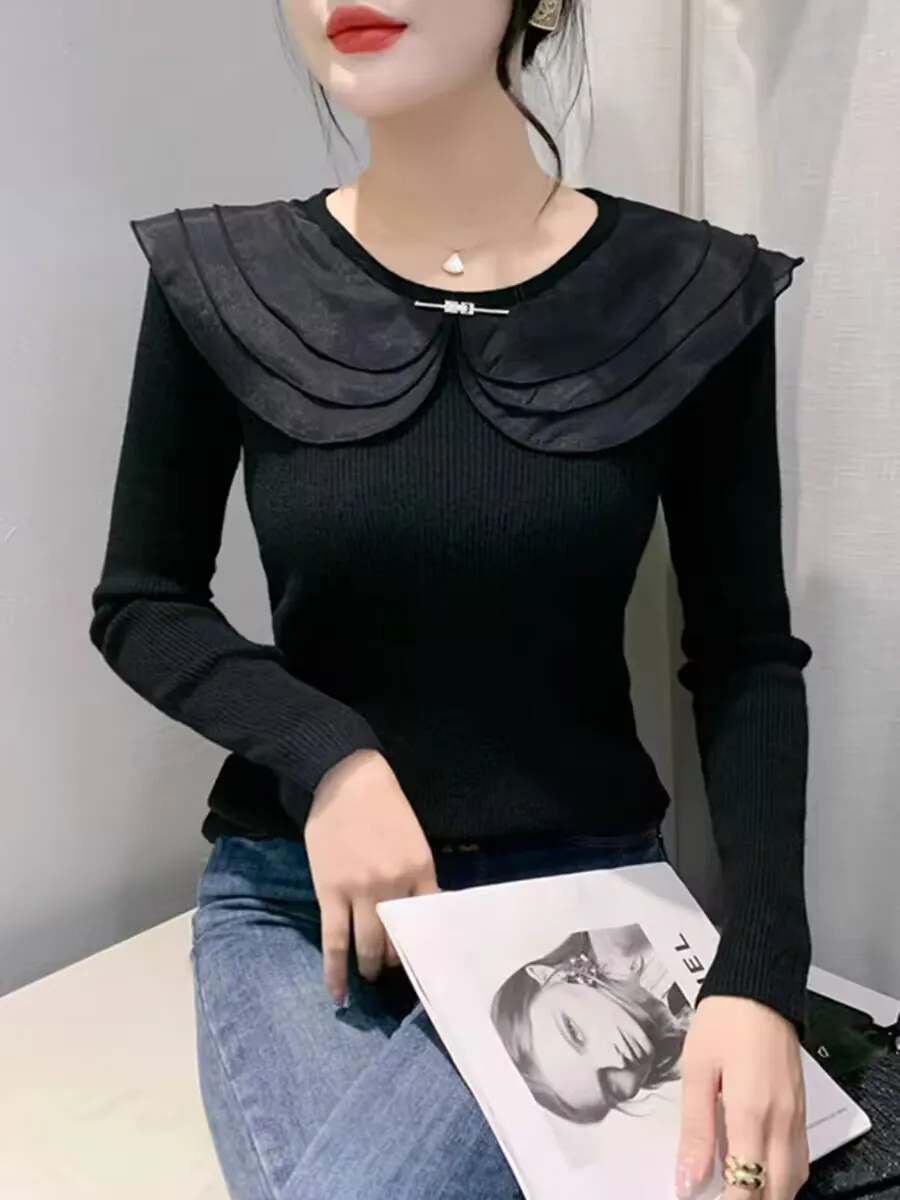 Полосатый оборками по краям повседневный полированный женский осенне-зимний