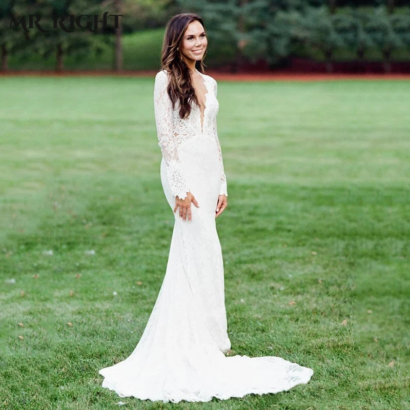

Boho Civil Mermaid Wedding Dress for Woman Lace Applique Backless Bridal Gowns Party Robe de mariee