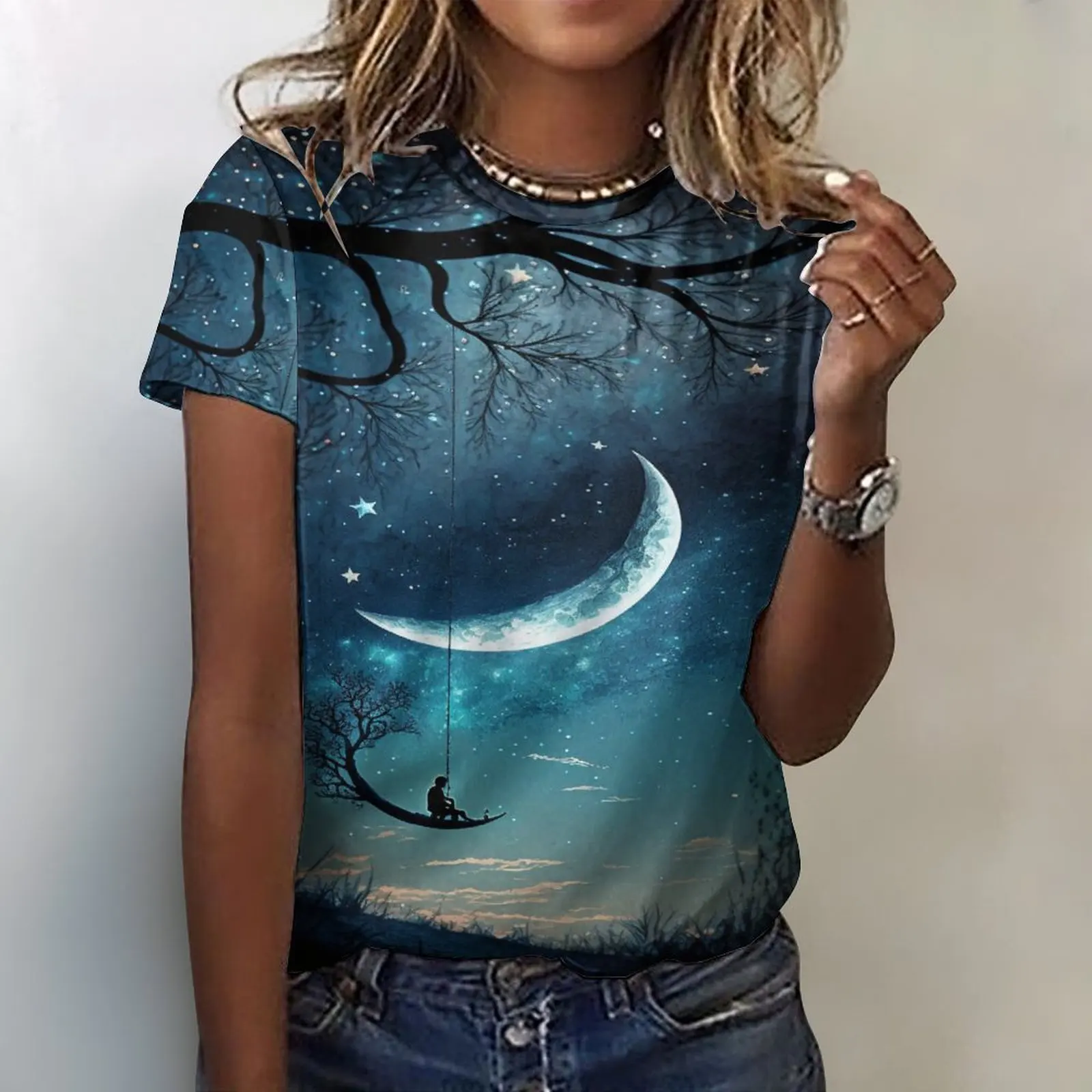 

Women's Fashion Short Sleeve Tee The Stars Hang on The Milky Way And The Moon Hangs Many Stars Print Y2k Streetwear Graphic